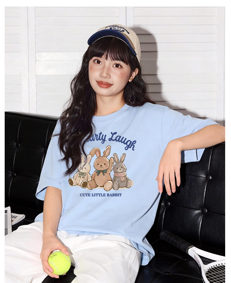TonLion Women's Pure Cotton Short Sleeve T-Shirt, Round Neck, Loose Fit, Heavyweight Casual Trendy Cartoon Design Sweatshirt 13