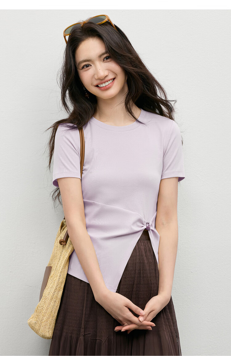 Shangdu Bila Lenzing Cotton T-Shirt Women Spring Summer Korean Style Round Neck Split Hem Beaded Twist Slim Fit Layering Top 14