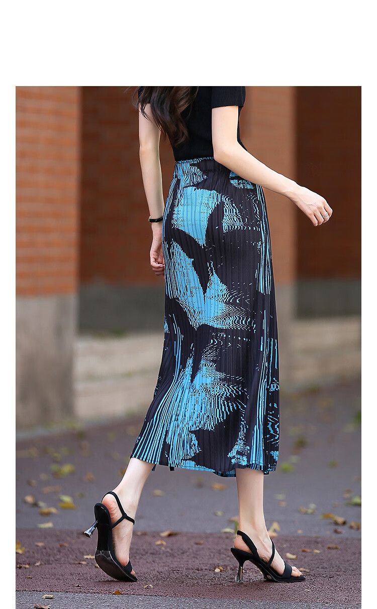 Demana Arc Light Silhouette Spring Autumn Intellectual Style Elastic Waist Pleated Skirt Irregular Print Split Women's Midi Skirt 14