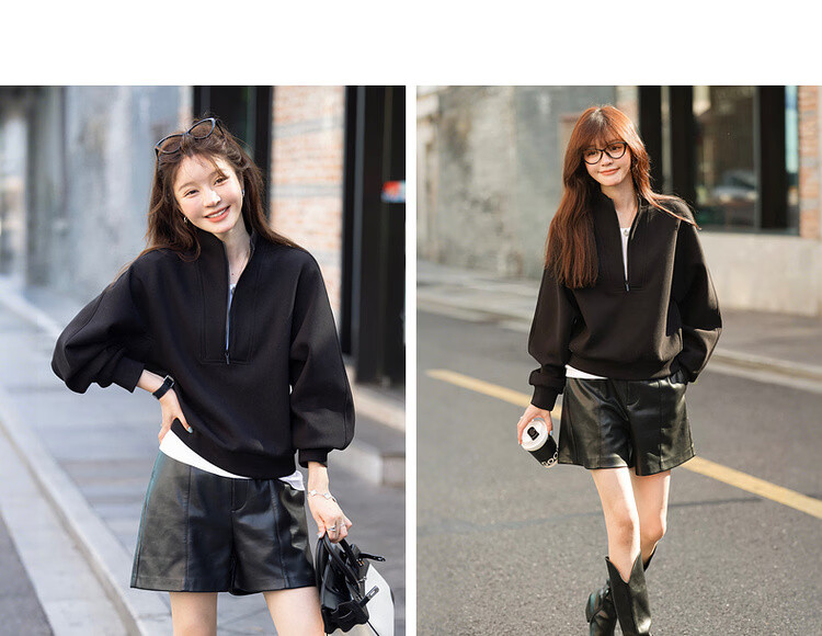 MT Spring Sports Casual 350G Air Layer Half-Zip Loose Sweatshirt for Women with Reversible Collar 17