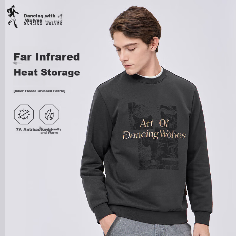 Dance with Wolves [Heat Retention & Thickened Fleece] National Trend Embroidered Round Neck Thermal Antibacterial Sweatshirt 015 Dark Gray L