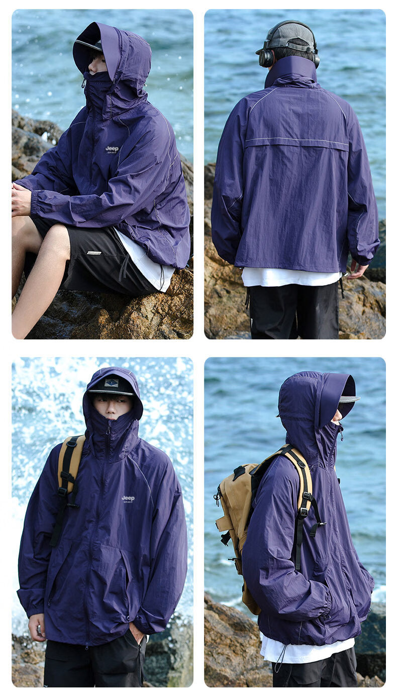 JEEP Men's Summer Outdoor Ice Silk Cooling Sun Protection Jacket, Versatile Quick-Dry Coat, Gray Purple, 3XL 15