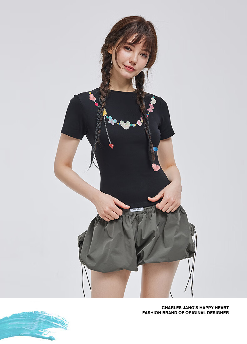 Charles Heart Trendy Love Heart Necklace Print Slim Fit Short Sleeve T-Shirt for Girls Summer Sweet and Spicy Style Black XF 5
