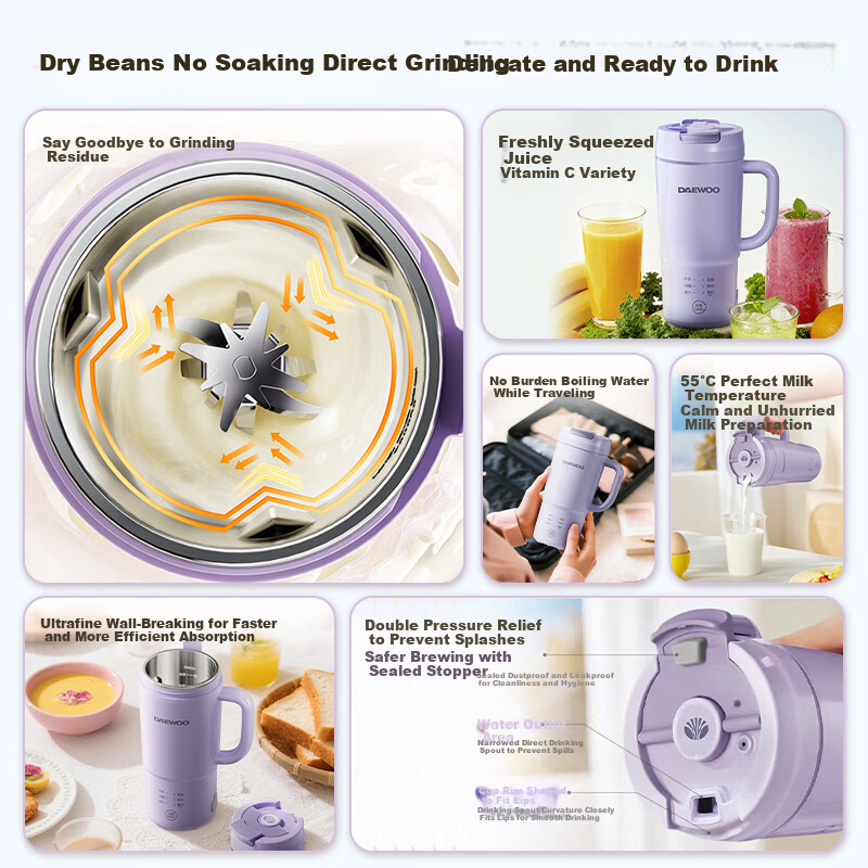 DAEWOO Mini Soy Milk Maker for 1-2 People Fully Automatic No-Cook No-Filter Household Blender Portable Electric Kettle Juicer SM25 Purple