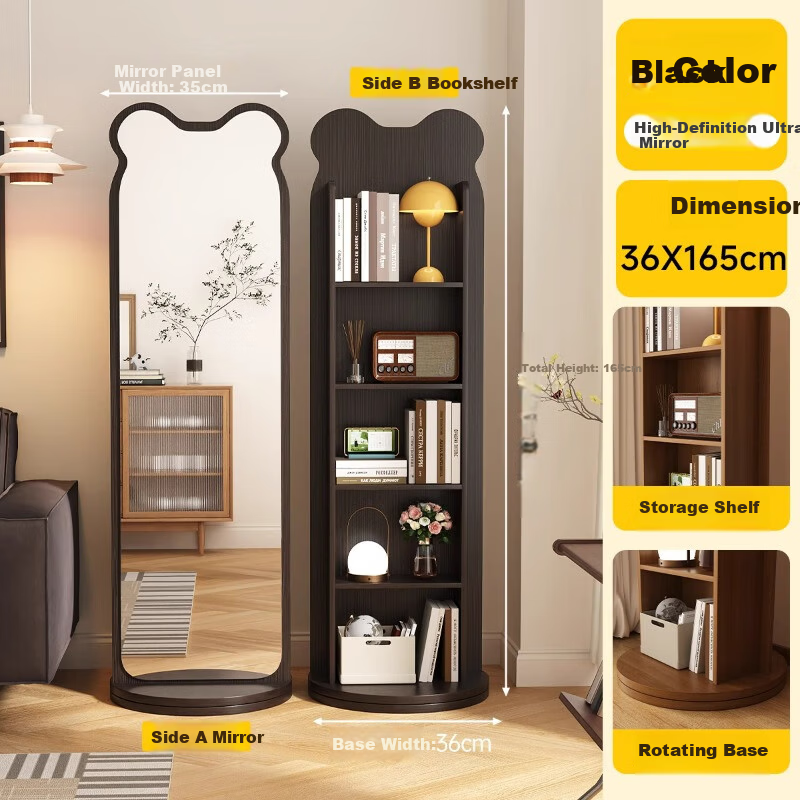 Millennium Huafu Bear Rotating Dressing Mirror Full-Length Floor Mirror with Magazine Rack Rotating Storage Dressing Mirror 165*36 Black