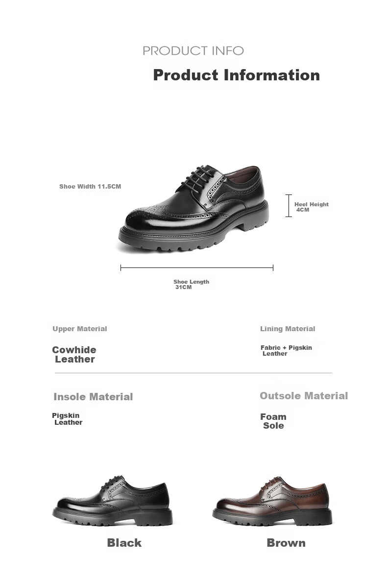 Belle Men's Brogue Business Genuine Leather Shoes Autumn Commuter Height Increasing Thick Sole Formal Shoes A2065CM5 Brown Size 38 15