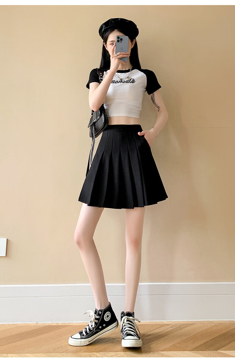 Langsha Pleated Half Skirt for Women Spring Summer Elastic Waist High Waist Slimming JK School Style A-Line Short Skirt with Pockets 23