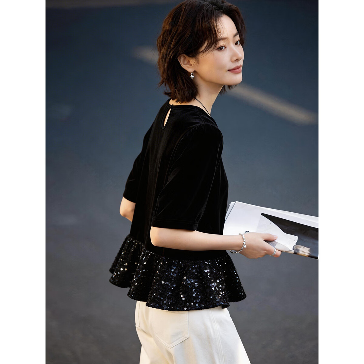 Demana Velvet Glow Black Rose Spring Vintage Modern Round Neck Loose Sequin Ruffle Petite Women's Shirt
