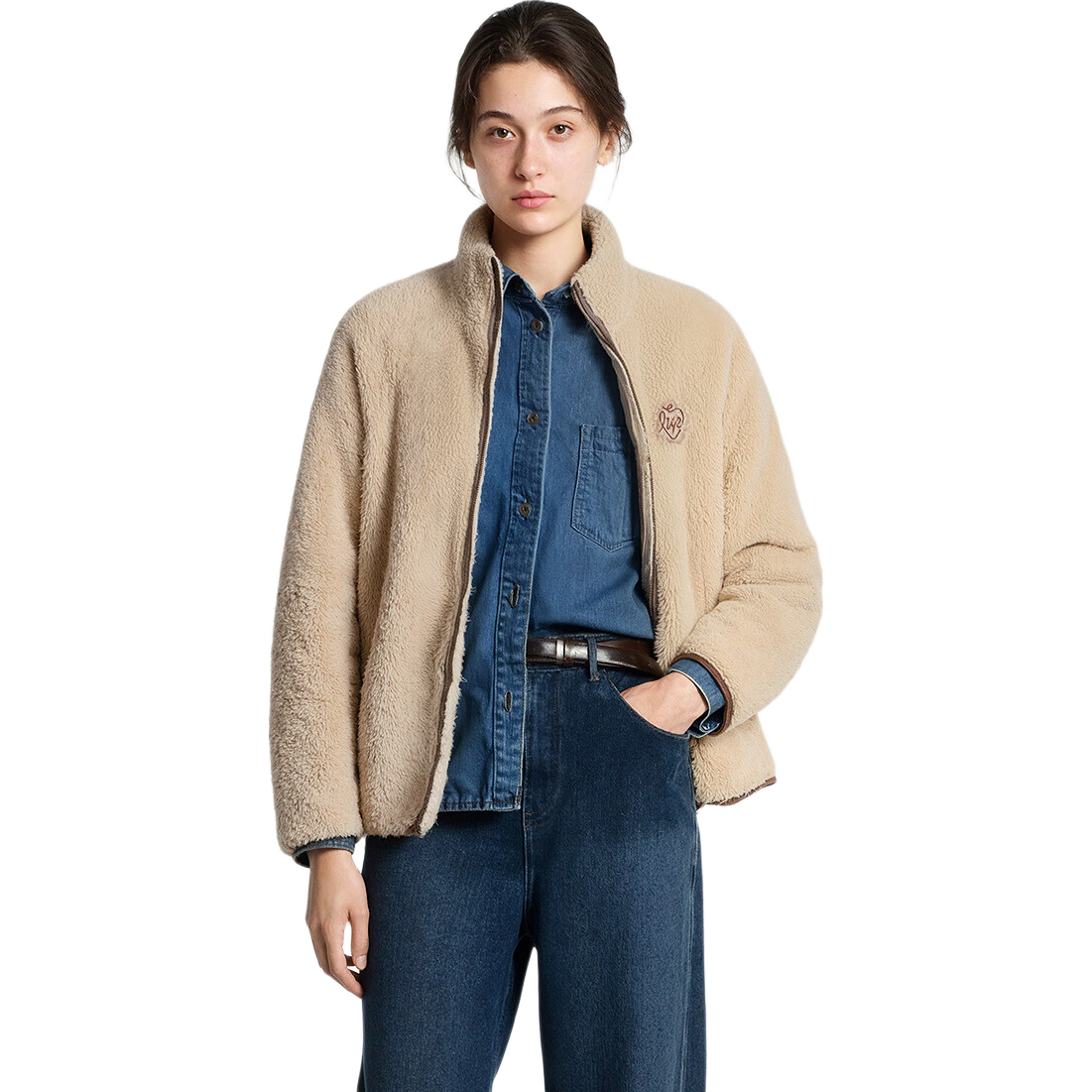 Semir Women's Winter Coral Fleece Raglan Sleeve Loose Stand Collar Embroidered Jacket 2025 Gentle Style 109725108008