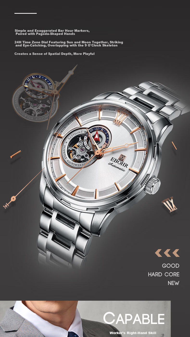EBOHR Men's Skeleton Automatic Mechanical Watch Stainless Steel Band Authentic National Brand 24-Hour Dial New Year Gift 5