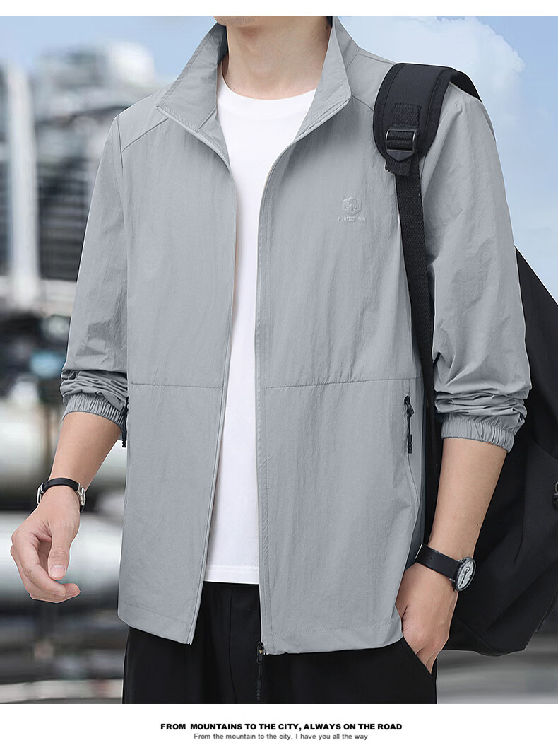 ROMON Sun Protection Jacket for Men, Summer Stand-Collar Ice Silk Cool-Feeling Outdoor Breathable Loose Casual Skin Coat, Navy Blue, 4XL 6