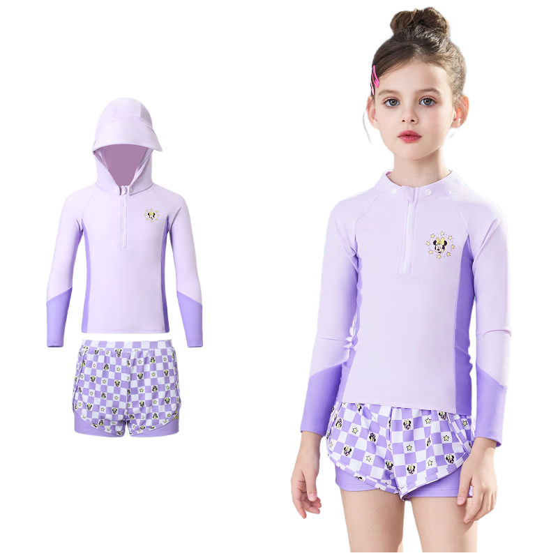 Disney Kids Swimwear Set Boys Girls Long Sleeve Shorts UV Protection Beach Vacation Purple 120