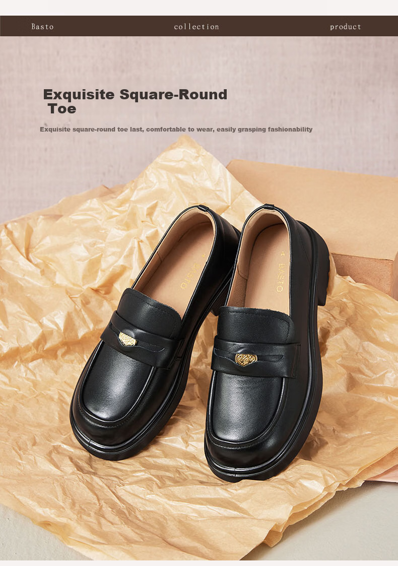 Basto Mall Same Style [Genuine Leather] College Style Loafers Chunky Heel Women's Shoes Black Size 35 7