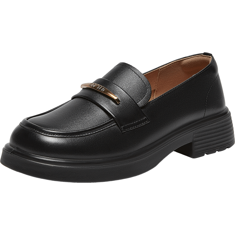 Basto 26 Spring [Genuine Leather] Loafers Simple College Style Chunky Heel Women's Shoes A3612AA6 Black 37
