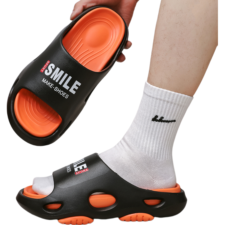 Huameijianbu Men's Sports Slippers, Quiet Non-Slip Indoor Thick-Soled Outdoor Sandals HM2439 Black And Orange Size 44-45