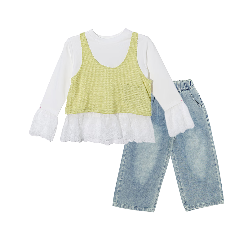 Fulomi Girls' Spring Autumn Korean Style Sweet Lace T-Shirt Knit Vest Denim Jeans Three-Piece Set Yellow 160