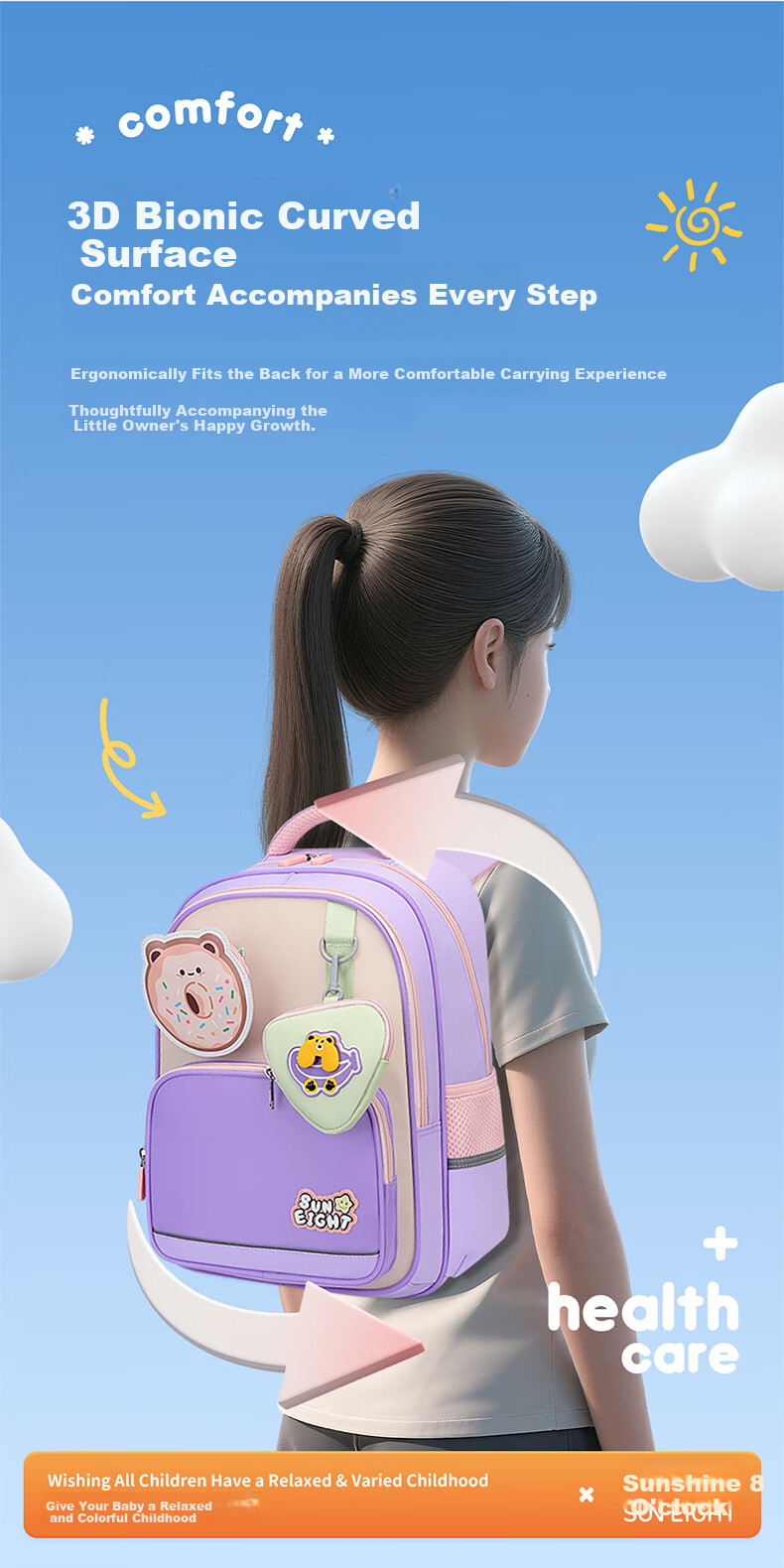 Sunshine 8 O'clock Primary School Backpack Children's School Bag Boys Girls Ergonomic Lightweight Grade 1-3-5 Stylish Double Shoulder Bag 7