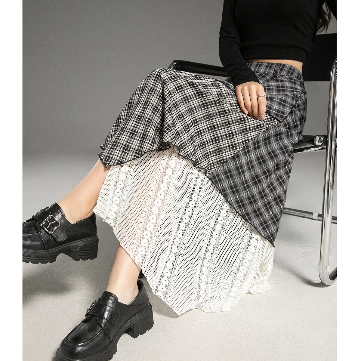 Demana Vintage Date Autumn Design Patchwork Plaid Striped A-Line Slimming Concealment High-End Women's Skirt