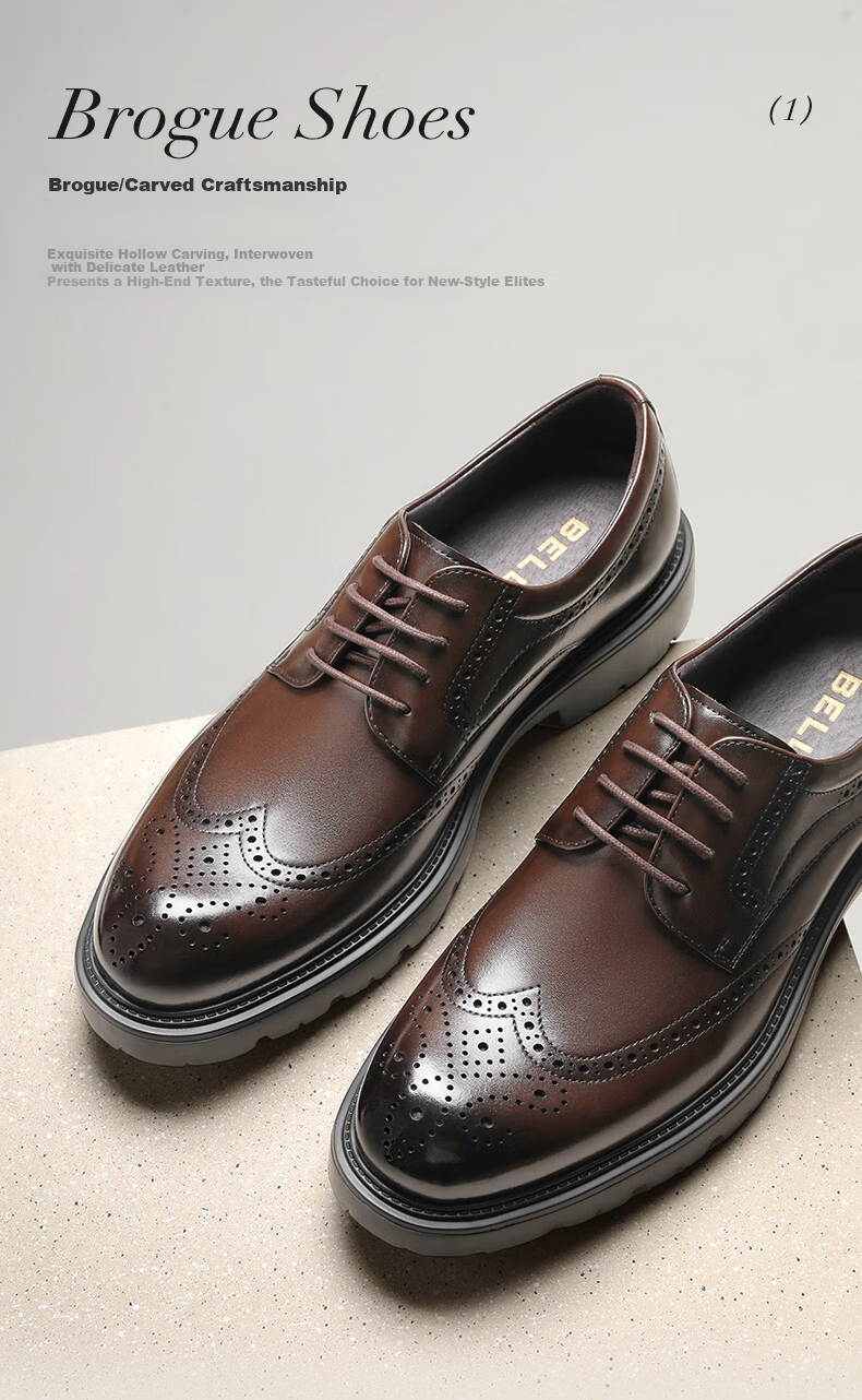 Belle Men's Brogue Business Genuine Leather Shoes Autumn Commuter Height Increasing Thick Sole Formal Shoes A2065CM5 Brown Size 38 5