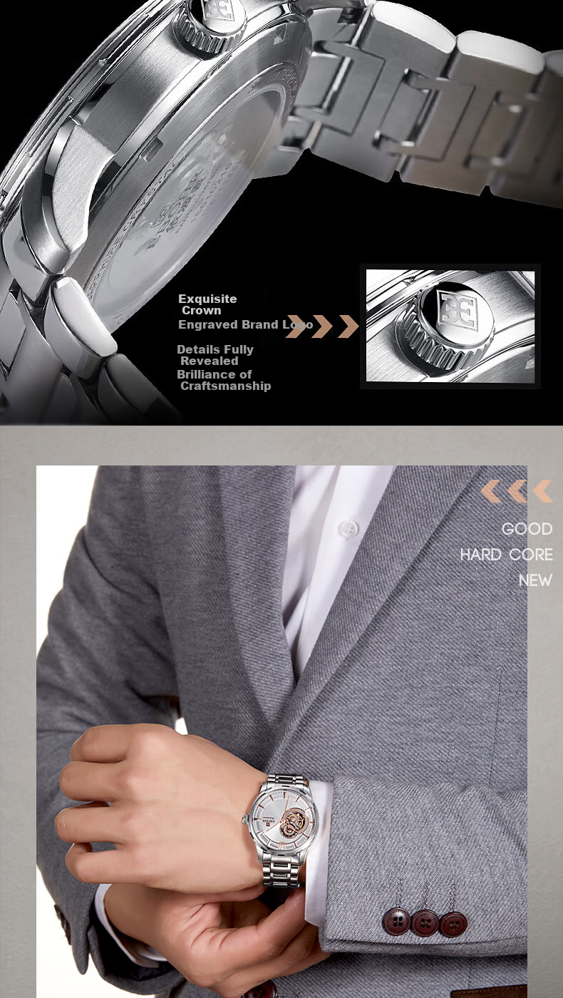 EBOHR Men's Skeleton Automatic Mechanical Watch Stainless Steel Band Authentic National Brand 24-Hour Dial New Year Gift 9