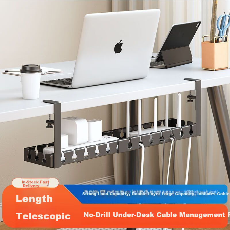 Sushiermo Under-Desk Cable Organizer Wire Management Router Cable Storage No-Drill Socket Tool White Adjustable 43-74cm