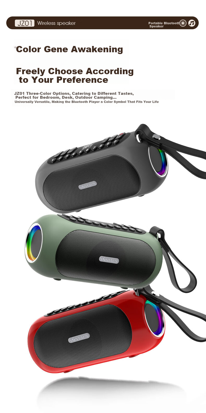 Jinzheng JZ03 Bluetooth Speaker IPX5 Waterproof Outdoor High Volume Deep Bass Cool Lighting Home Desktop Portable Long Battery Life Wireless Speaker Elegant Blue 10