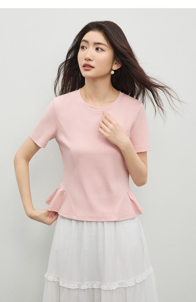 Shangdu Bila Gentle Pure Cotton Short Sleeve T-Shirt Women Spring Summer Simple Round Neck Split Design Slim Fit Top Youthful Temperament Layering 16