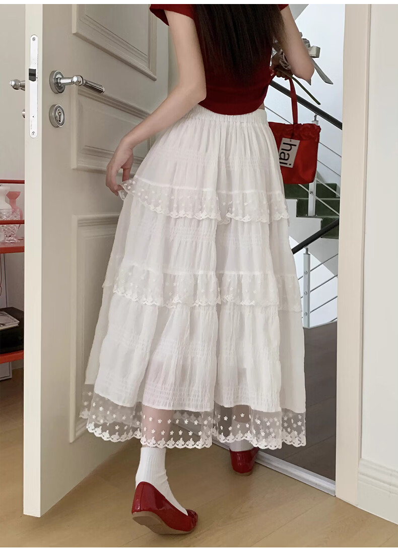 Borui White Design Lace Trim Cake Skirt 2026 New French Style Long Flared A-Line Skirt 24