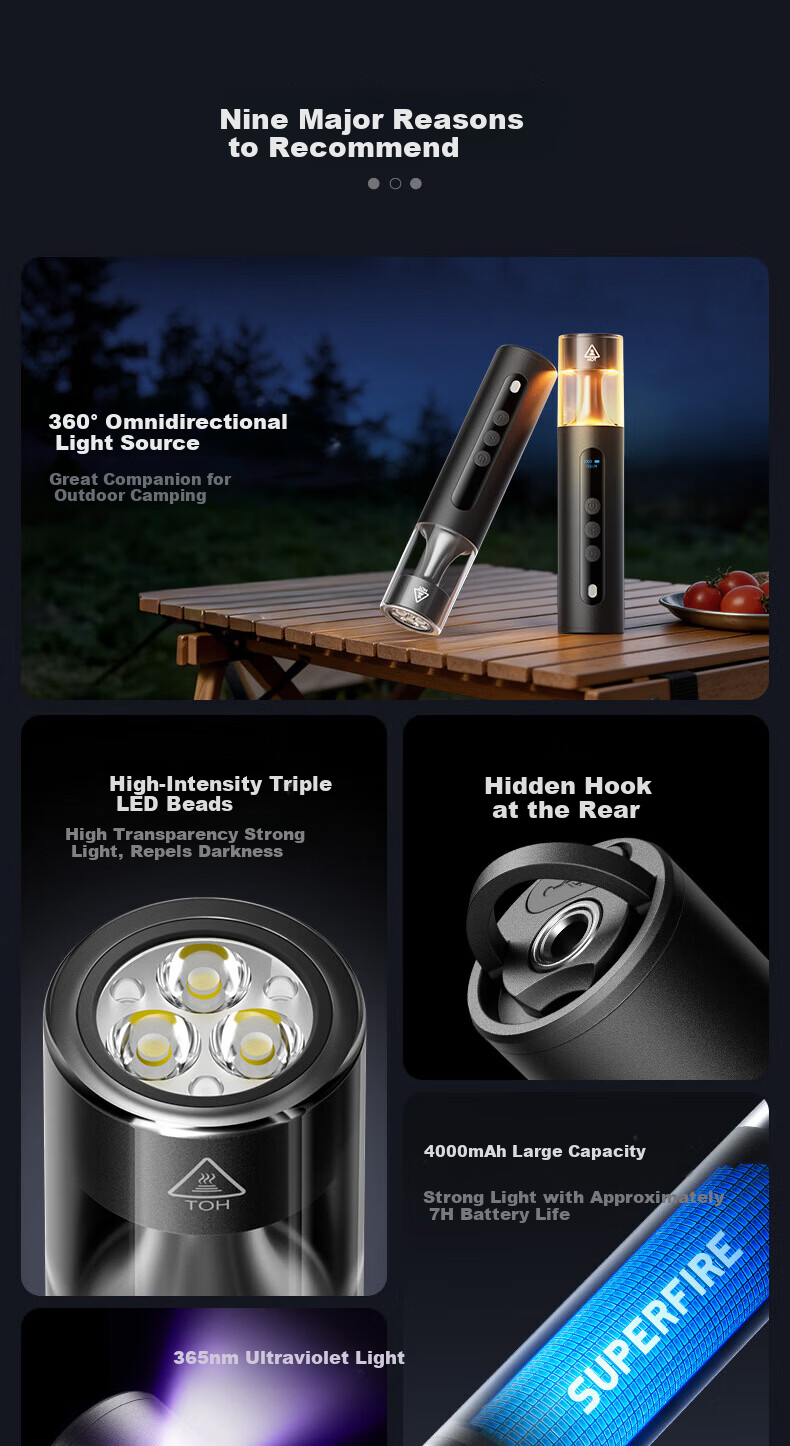 SupFire High-Power Flashlight Long Battery Life Camping Portable Emergency Strobe 365nm UV Light Multifunctional for Self-Driving and Outdoor Camping 3