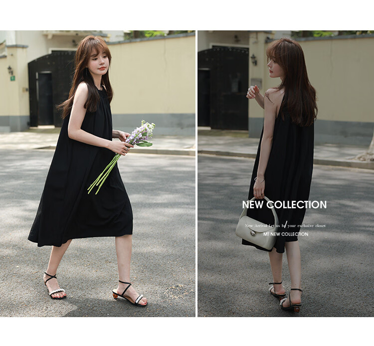MT Summer Vacation Style Sleeveless Halter Neck Solid Color Minimalist French Casual Dress 14