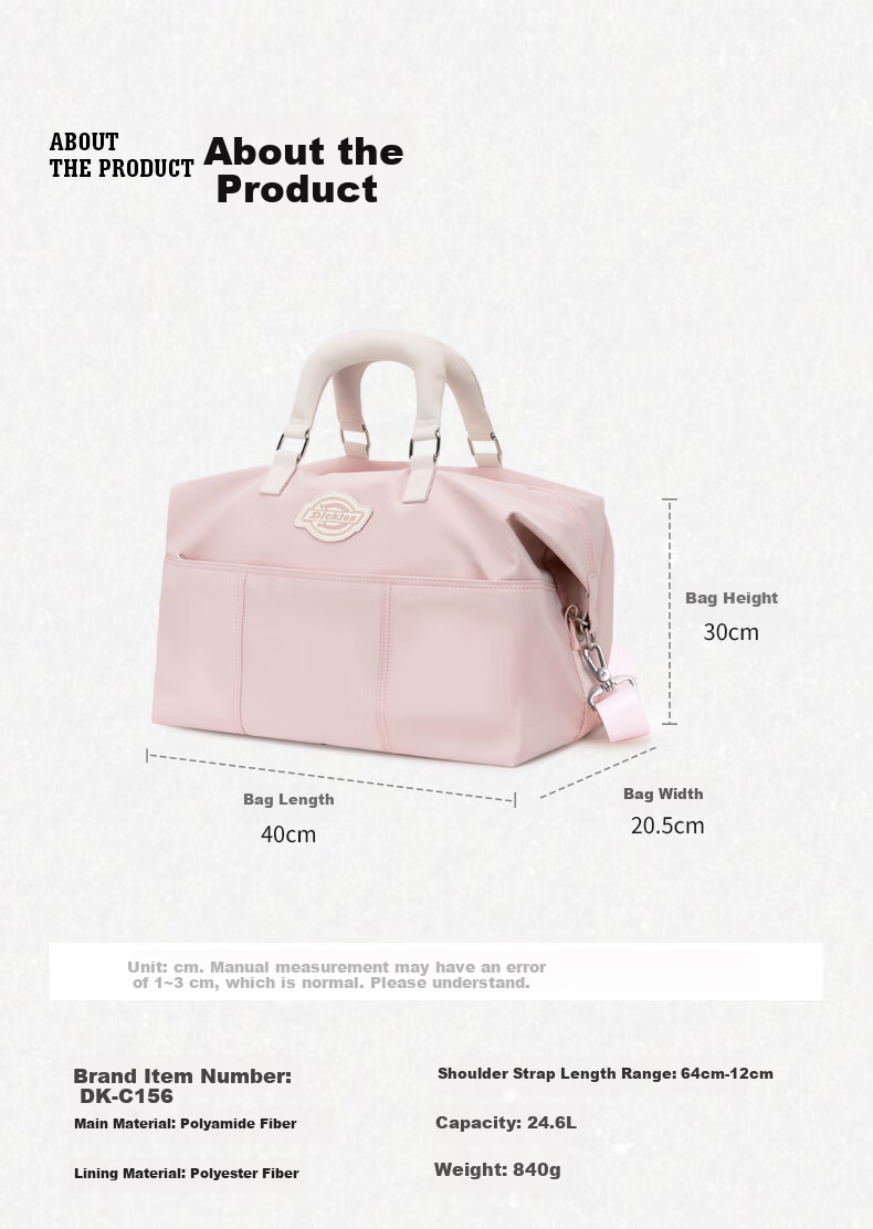 Dickies Large Capacity Crossbody Handheld Travel Bag Lightweight Durable Water-Resistant Sports Gym Bag Pink Purple 11