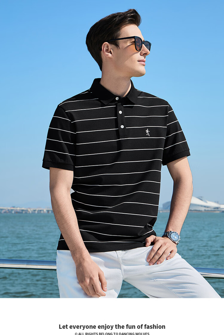 DANCING WOLVES Instant Cooling Mulberry Silk Smooth Striped Short Sleeve Polo Shirt Men's Casual Top 001 Black M 3