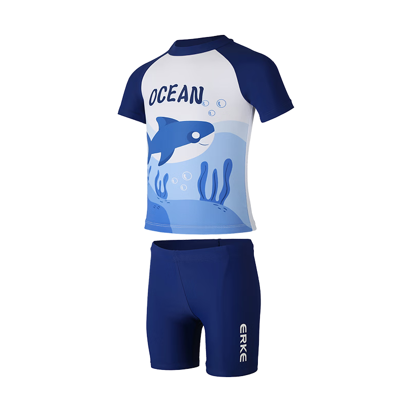 ERKE Kids Two-Piece Swimsuit Set with Boys Swim Cap, Goggles, and Swim Bag