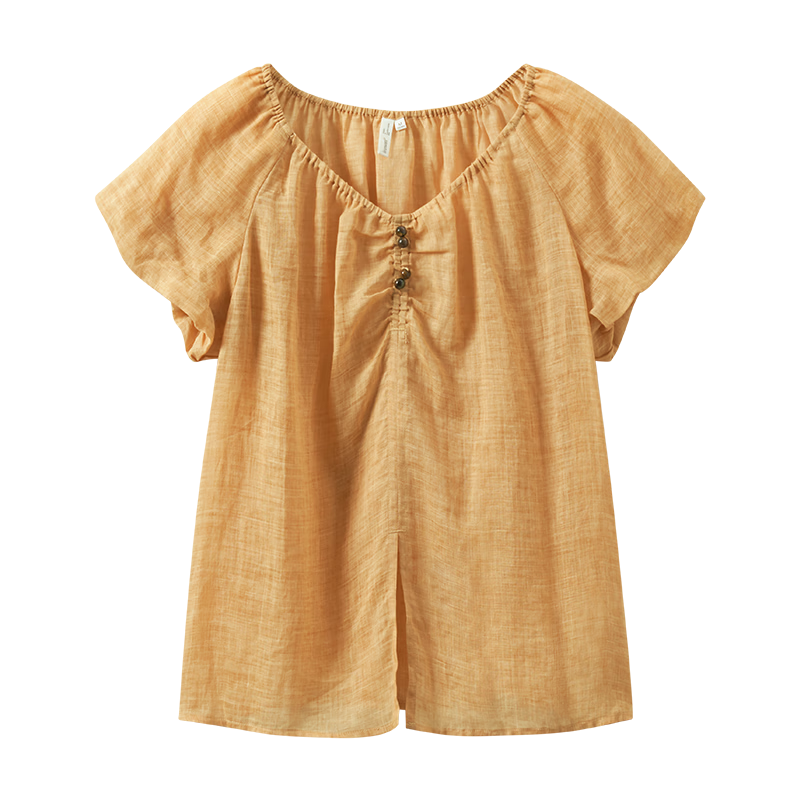 INMAN French Linen Cotton Lantern Sleeve Shirt, Summer Women's Wear, Versatile Design, Casual Short-Sleeve Top, Light Orange, M