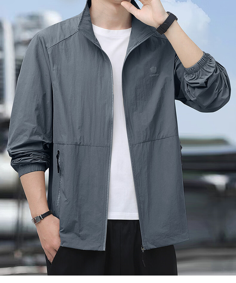 ROMON Sun Protection Jacket for Men, Summer Stand-Collar Ice Silk Cool-Feeling Outdoor Breathable Loose Casual Skin Coat, Navy Blue, 4XL 11