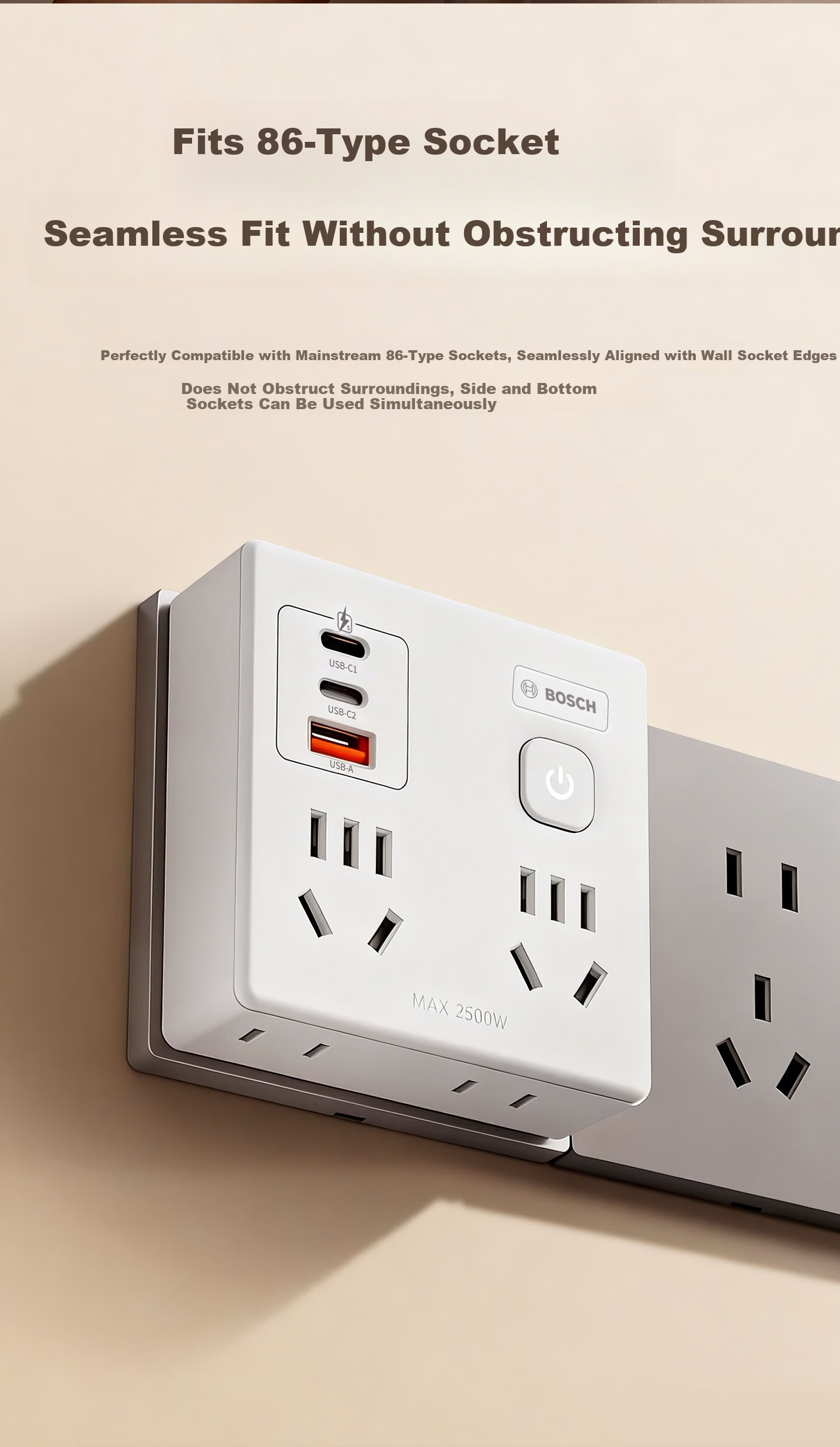 BOSCH 20W Fast Charging 86-Type Socket Converter/Adapter USB+Type-C Socket Extension Multi-Port Power Strip Wireless Multifunctional Socket PS86-0201 6