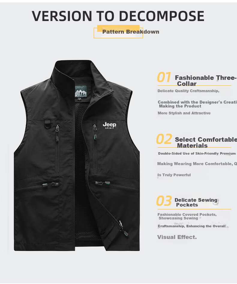 JEEP SPIRIT Men's Autumn Winter Fleece-Lined Large Size Casual Stand Collar Sleeveless Outdoor Fishing Vest Khaki XL 2