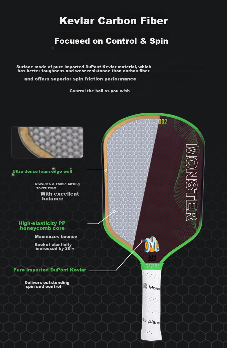 Monsterplanet Monster Planet Pickleball Paddle Imported Kevlar 3K Carbon Fiber Hybrid Gomorra Green 5