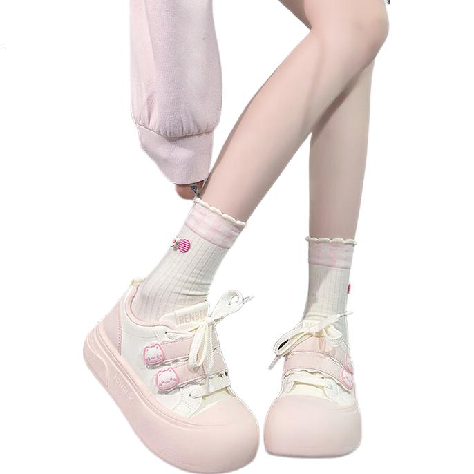 RENBEN Cute Velcro White Sneakers for Women, Popular Chunky Shoes, Versatile Canvas Shoes, Pink And White (Leather Surface), Size 36