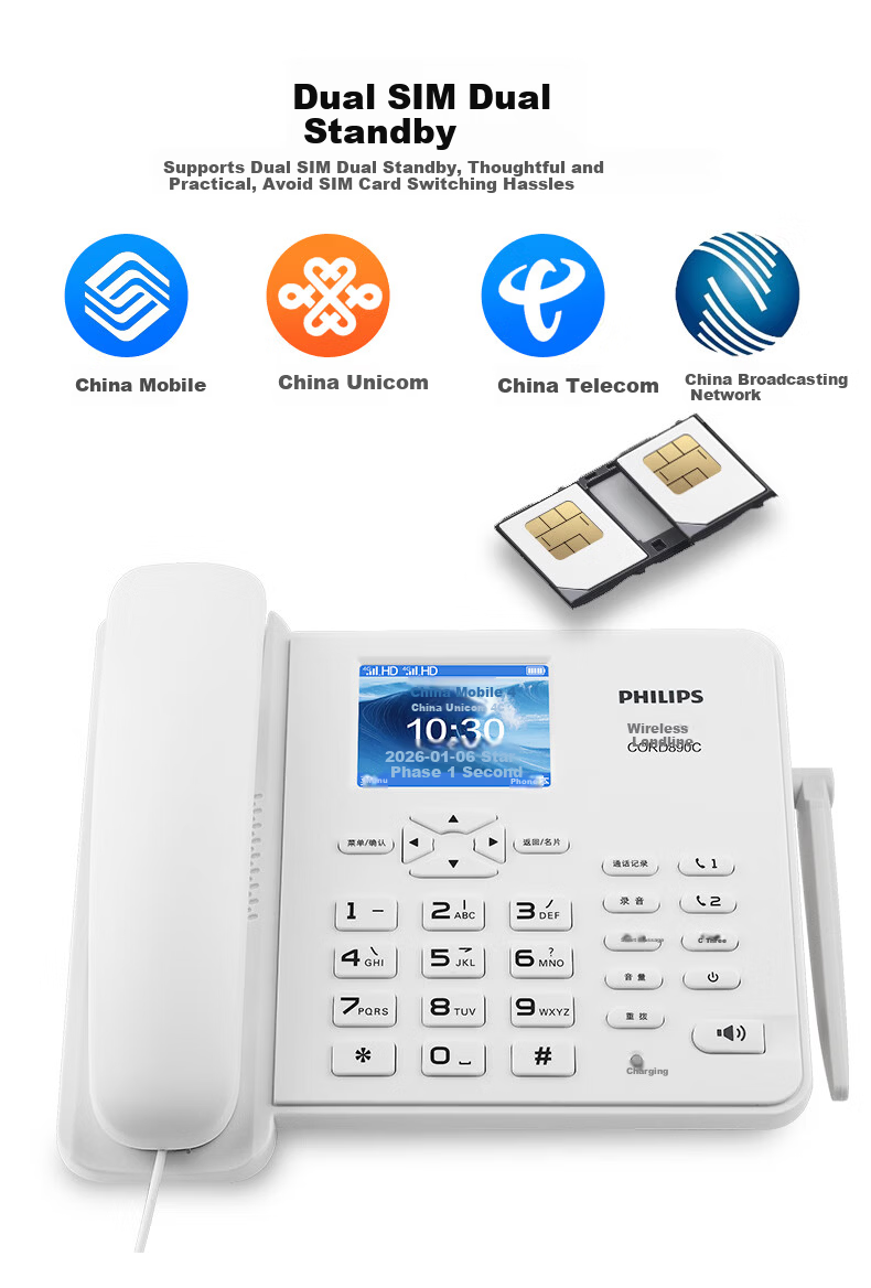 PHILIPS CORD890C All-Network SIM Card Landline Phone Wireless Home Office Fixed Phone with Chinese Menu Supports Mobile Unicom Telecom Broadcasting SIM Card Black 4