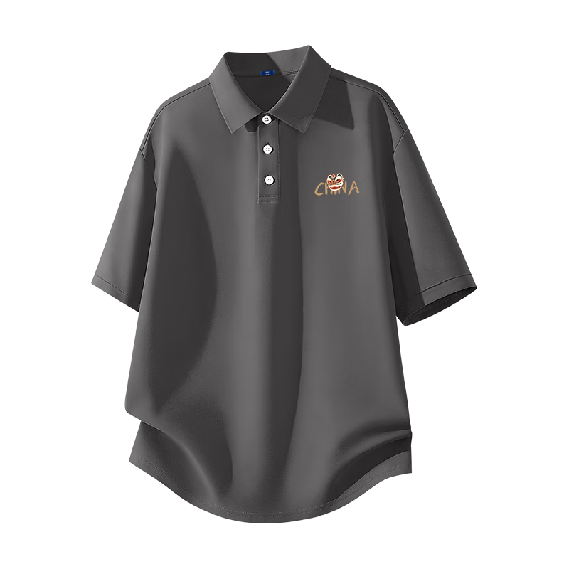 GENIOLAMODE Polo Shirt for Men, Summer Casual Retro Chinese Trendy Printed Collar Short-Sleeve Men's T-Shirt, Dark Gray, XL