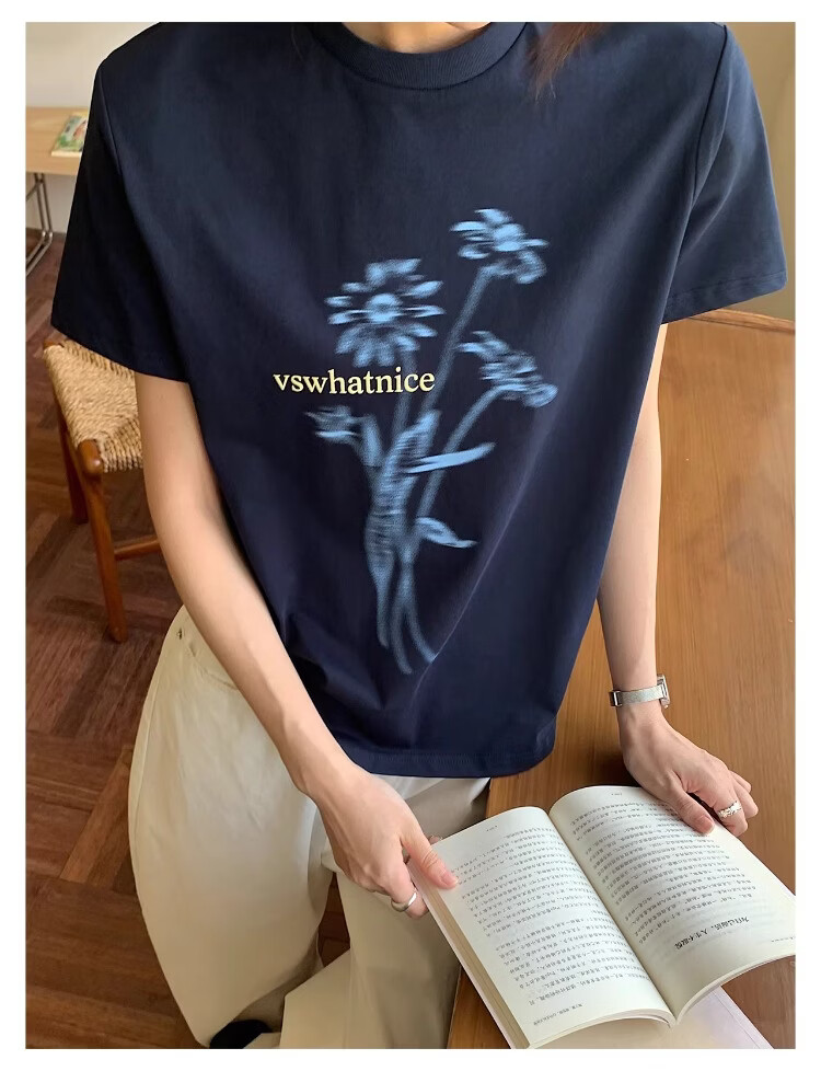 ICH MODE Floral Print Short Sleeve T-Shirt Women Spring Autumn New Korean Style Beautiful Shoulder Tee Navy Blue S 9