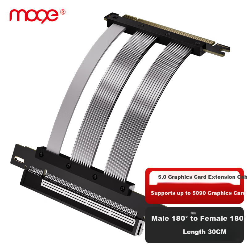 MOGE PCIE 5.0 Graphics Card Extension Cable Vertical Mount PCIE 5.0 GPU Connector x16 to x16 Adapter 180° 30CM MC588730