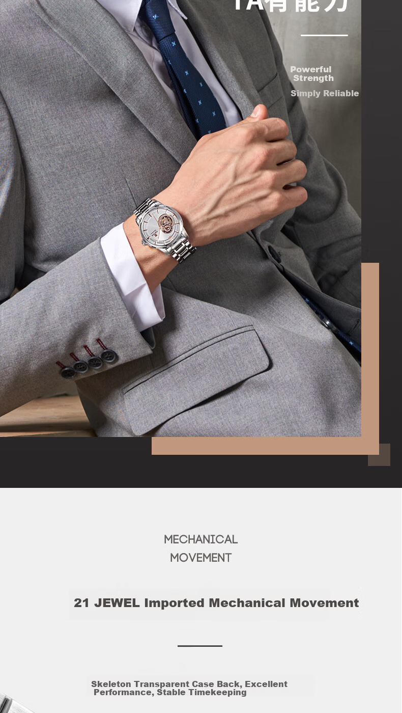 EBOHR Men's Skeleton Automatic Mechanical Watch Stainless Steel Band Authentic National Brand 24-Hour Dial New Year Gift 6