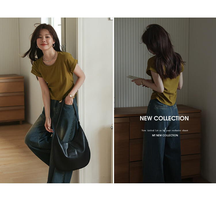 Mt [Simple Wardrobe] Summer Comfortable Soft Stretch Cotton-Spandex Crew Neck Rolled Edge Short Sleeve Casual Petite Women's T-Shirt 4