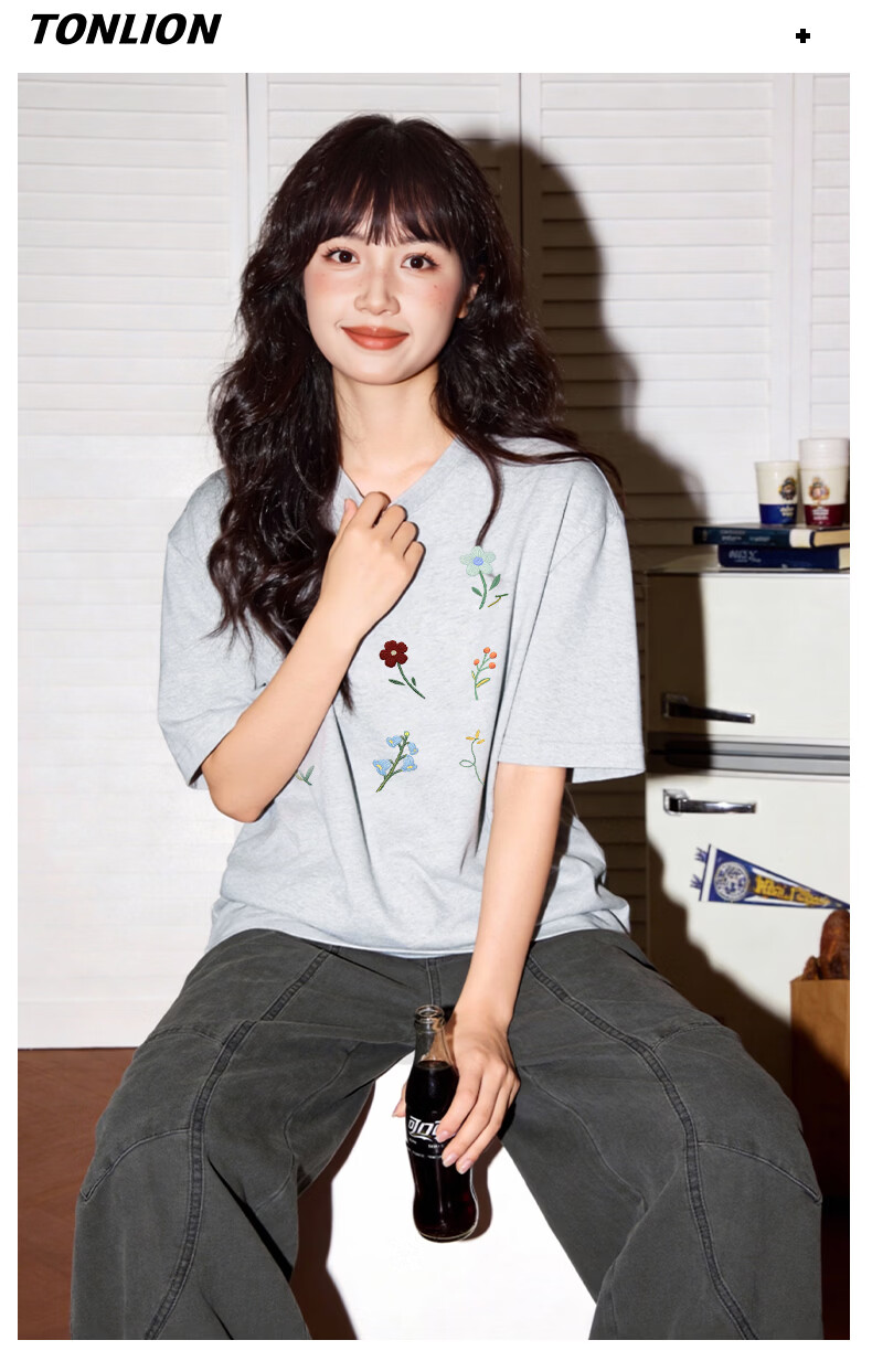 TonLion Women's Short Sleeve T-Shirt Pure Cotton 2026 Summer New Trendy Floral Design Petite Top 9