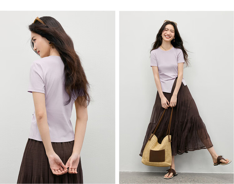 Shangdu Bila Lenzing Cotton T-Shirt Women Spring Summer Korean Style Round Neck Split Hem Beaded Twist Slim Fit Layering Top 15