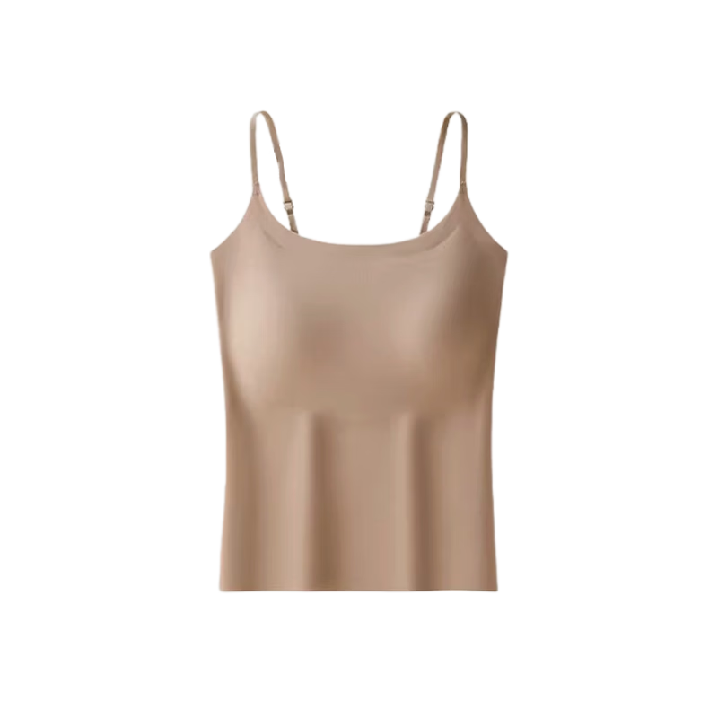 Xueqiman Ice Silk Camisole with Built-in Bra Pad, Wireless Bra-Free, Pink Nude Tone, Backless Innerwear, Layering and Outerwear Top for Women