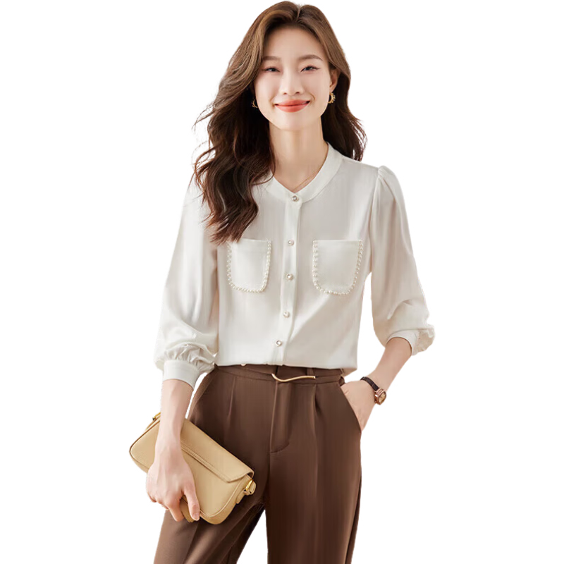 Jeanswest Women's High-End French Style Summer Beaded Three-Quarter Sleeve Shirt Professional Wear White Shirt Yellow 2XL