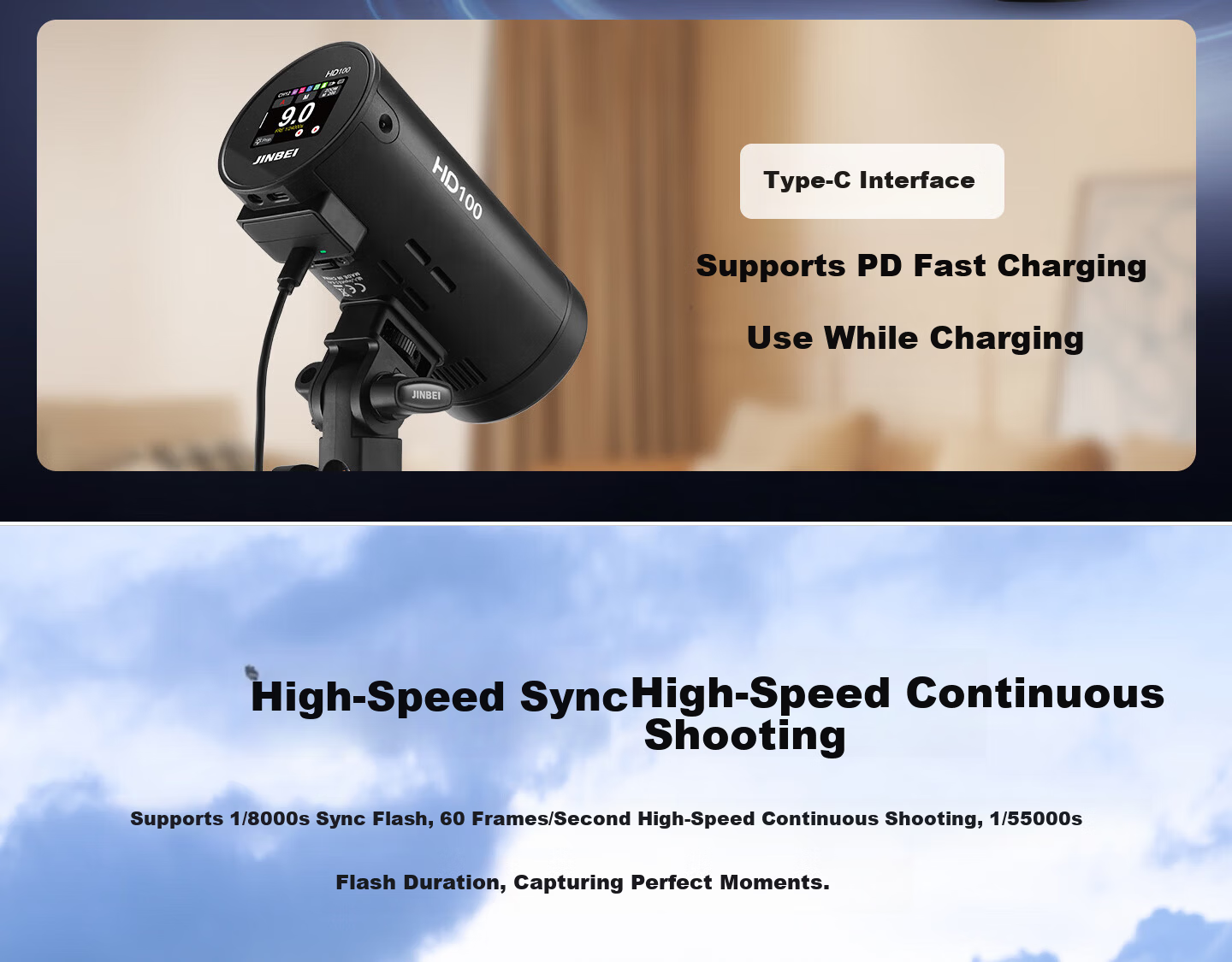 JINBEI HD100 Portable Off-Camera Flash LED Fill Light Lithium Battery TTL High-Speed Photography Camera Lighting Indoor Outdoor HD-100MAX Standard Kit 8